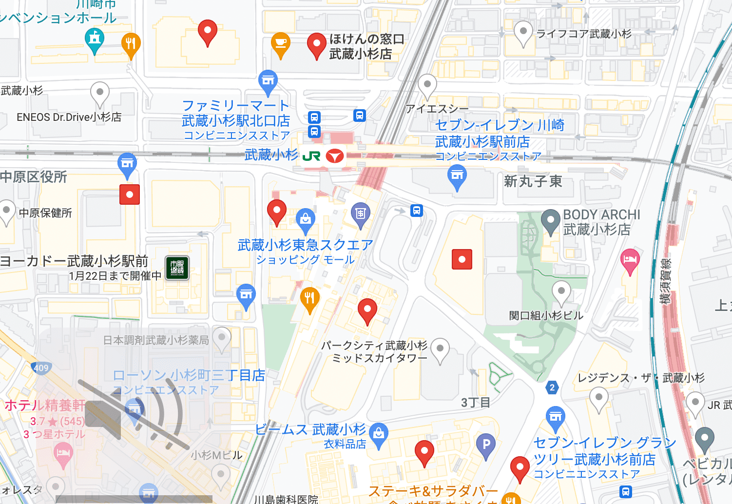 武蔵小杉の保険相談窓口のマップ